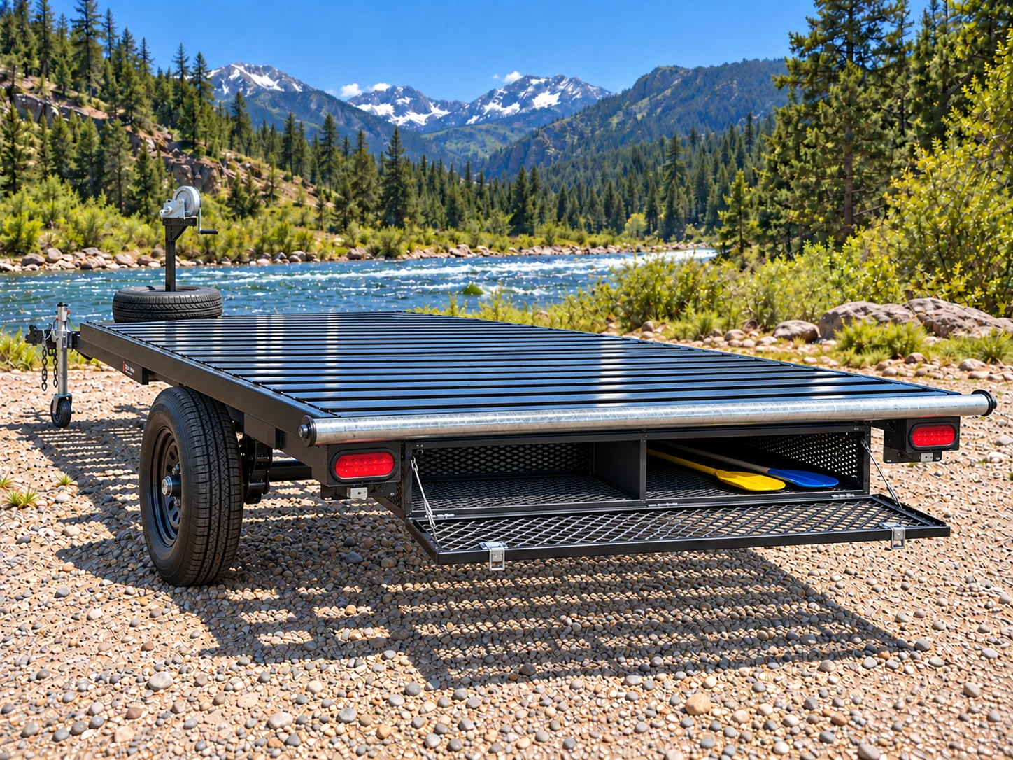 Illustration of a raft trailer with lowered rear storage door and divided underdeck locker